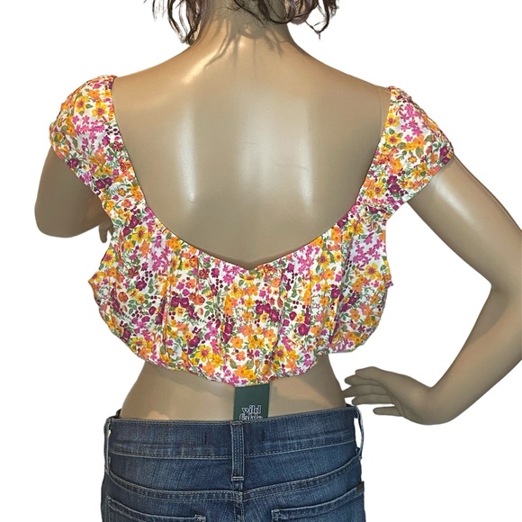 Wild Fable Floral Print Very Short Cropped Capped Sleeves Top Size Large NWT - Picture 5 of 6